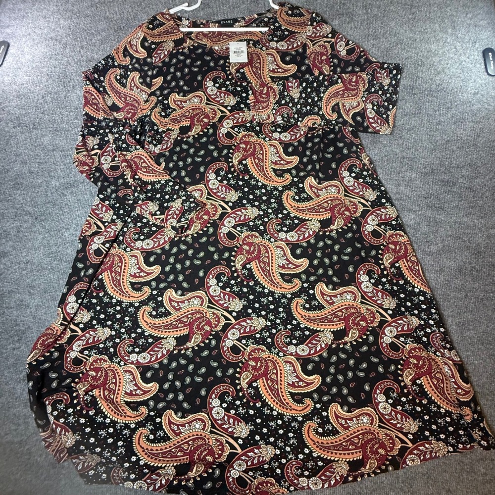 EVANS‎ Paisley Print Jersey Swing Dress Red Black Size 20 Long Sleeve - Picture 2 of 7
